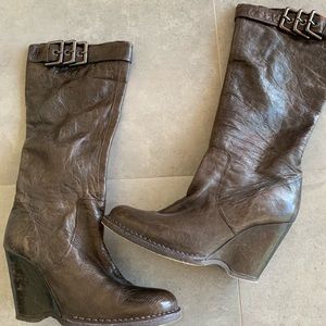 Dark brown leather knee high wedge boot size 7.5